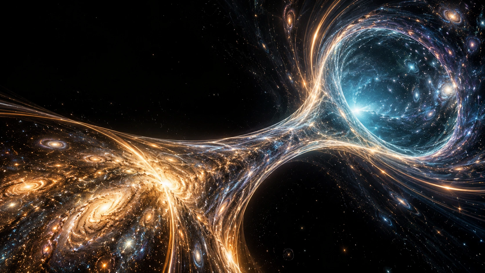 An amber bridge of light curves through a vast dark space toward a luminous cyan throat