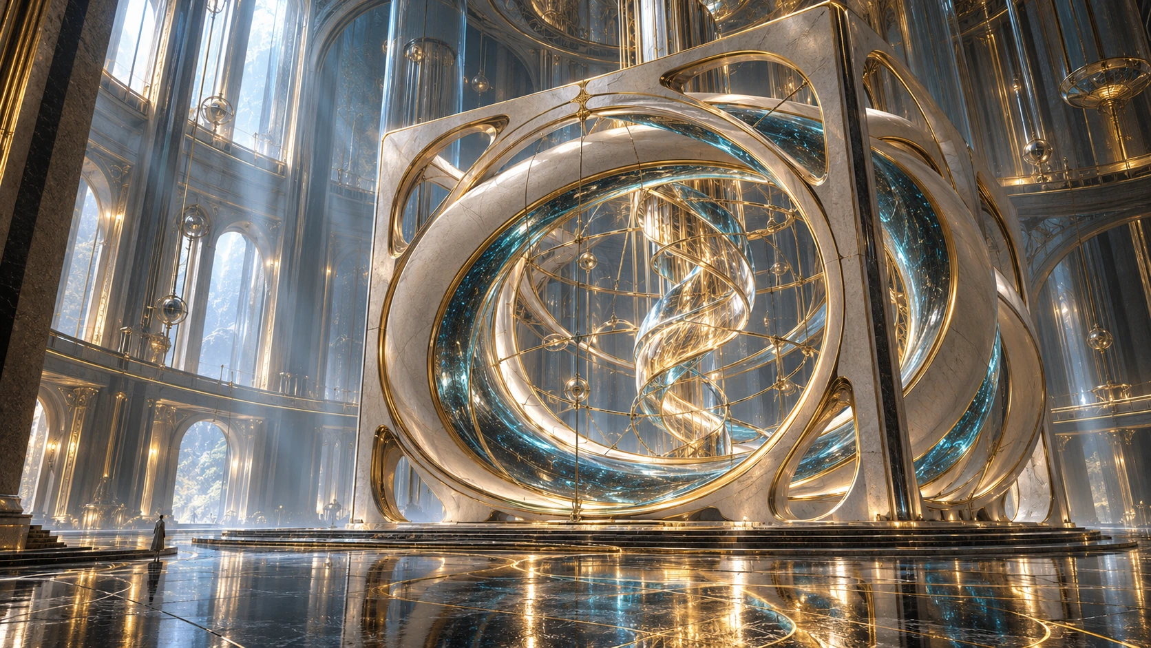 A monumental gold and platinum cube encloses a toroidal chamber and central spiral