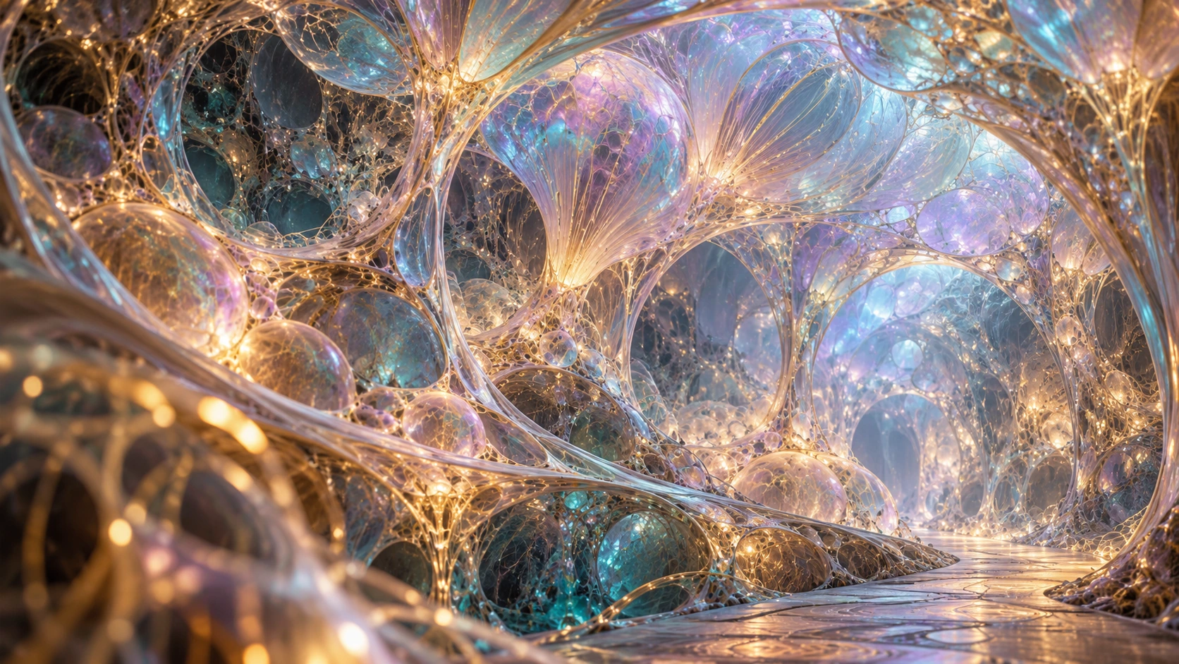 A luminous translucent bubble lattice forms an immense vaulted interior