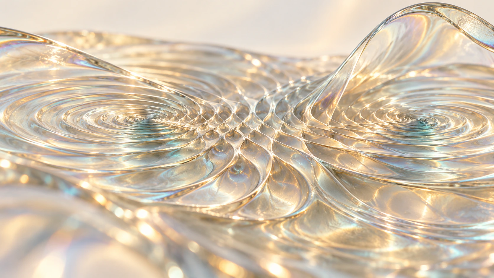 Two circular ripple origins meet in delicate ivory and glass folds