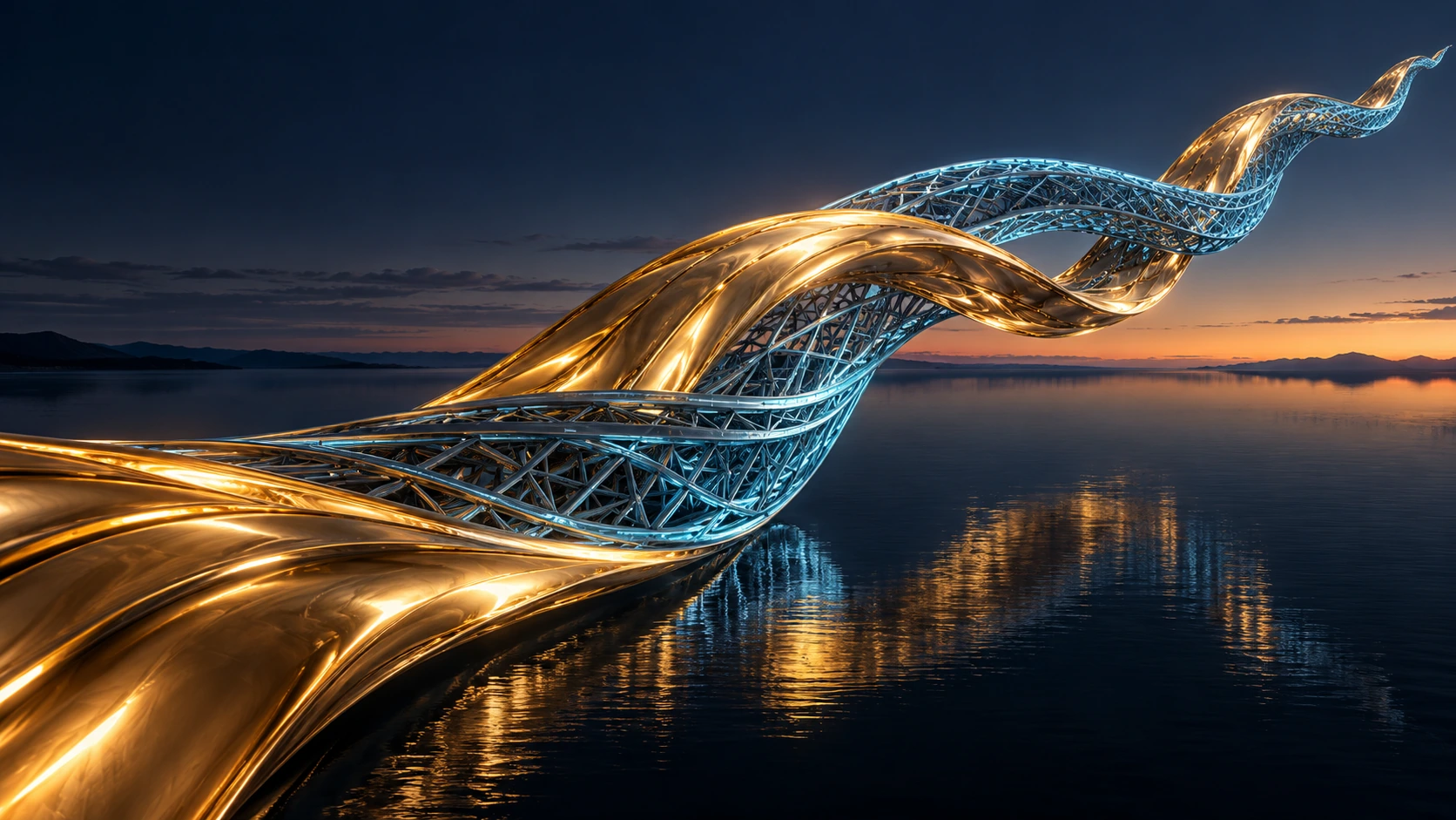 An organic gold ribbon intertwines with a precise cyan lattice above dark water