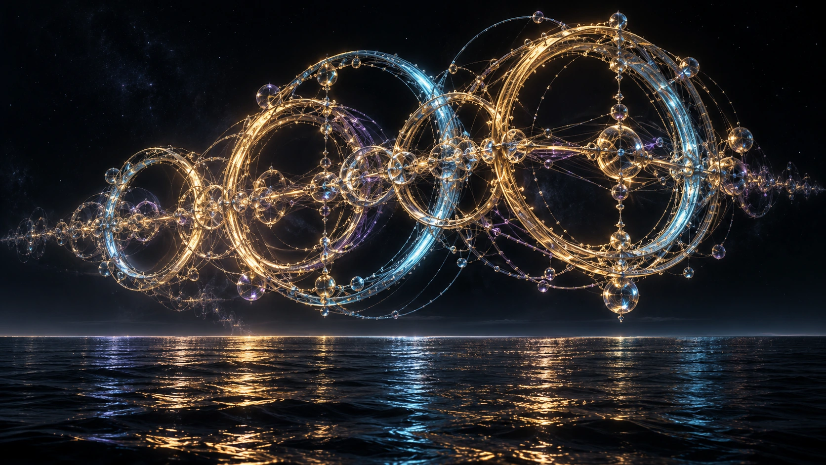 Gold and cyan linked circles rising over a dark ocean
